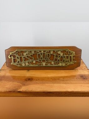 Vintage Brass Bless Our Home Wall Plaque Wood Floral Scrollwork 16.75”